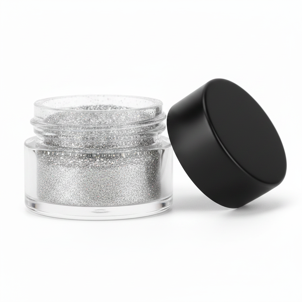 Close-up of open clear glass jar with matte black lid removed showing holographic silver glitter powder texture inside