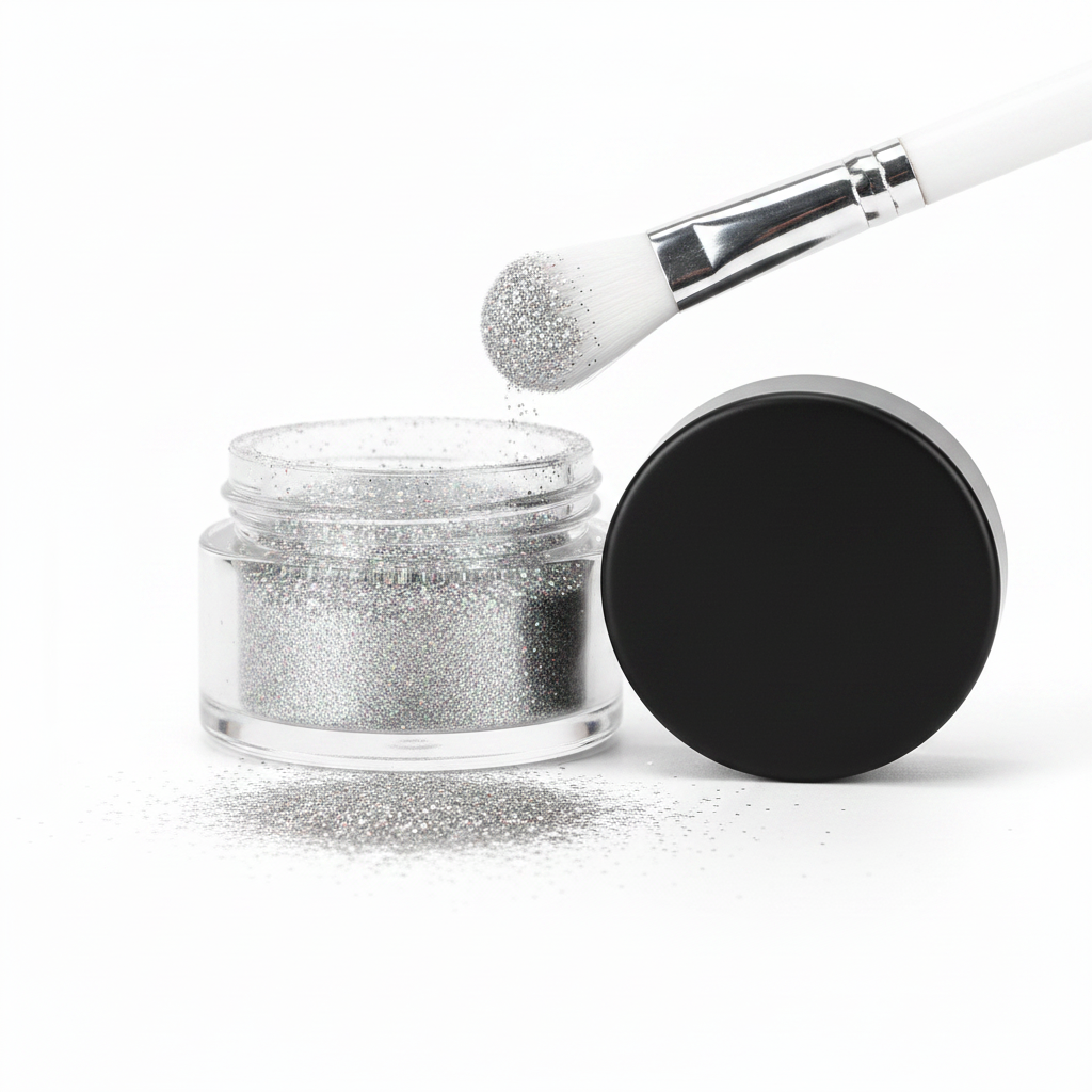 Clear glass jar with matte black lid filled with holographic silver fine glitter eyeshadow powder