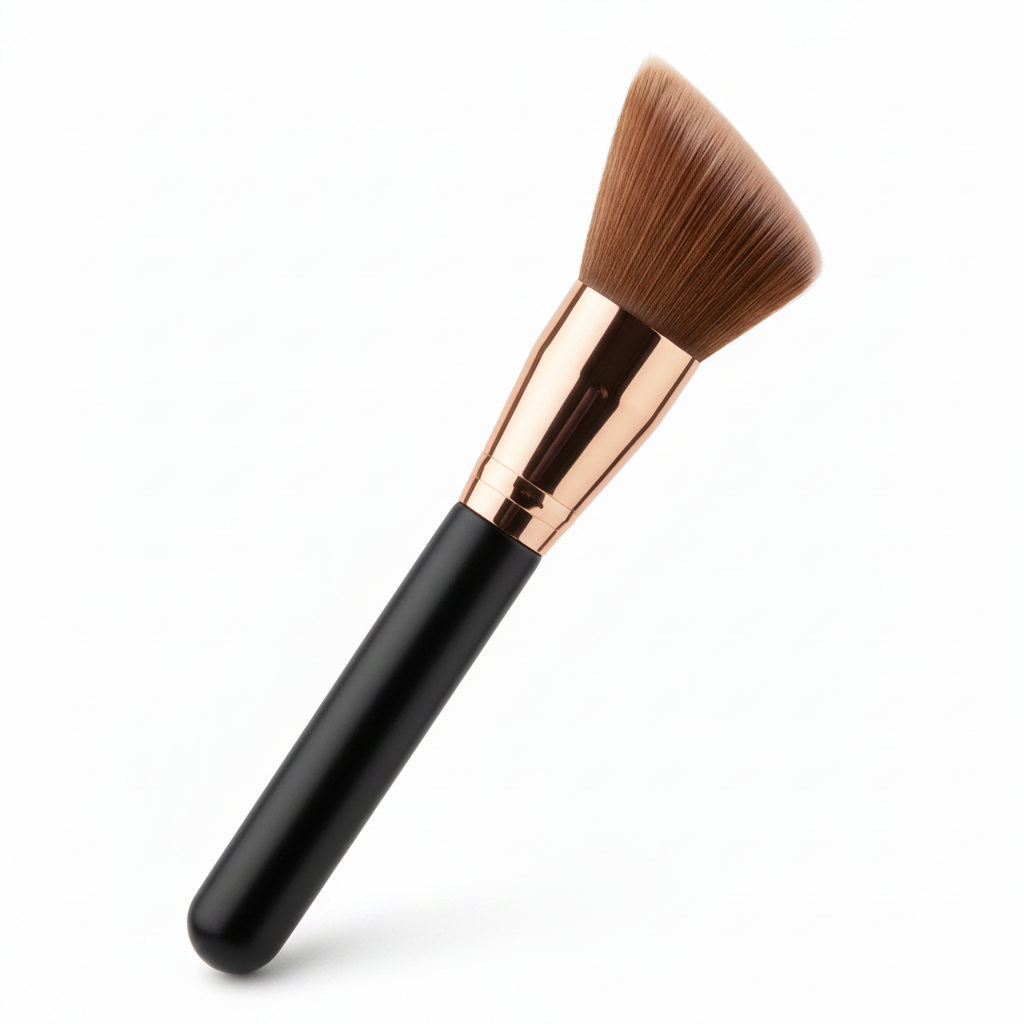 Angled flat-top contour brush with champagne beige bristles and rose gold ferrule