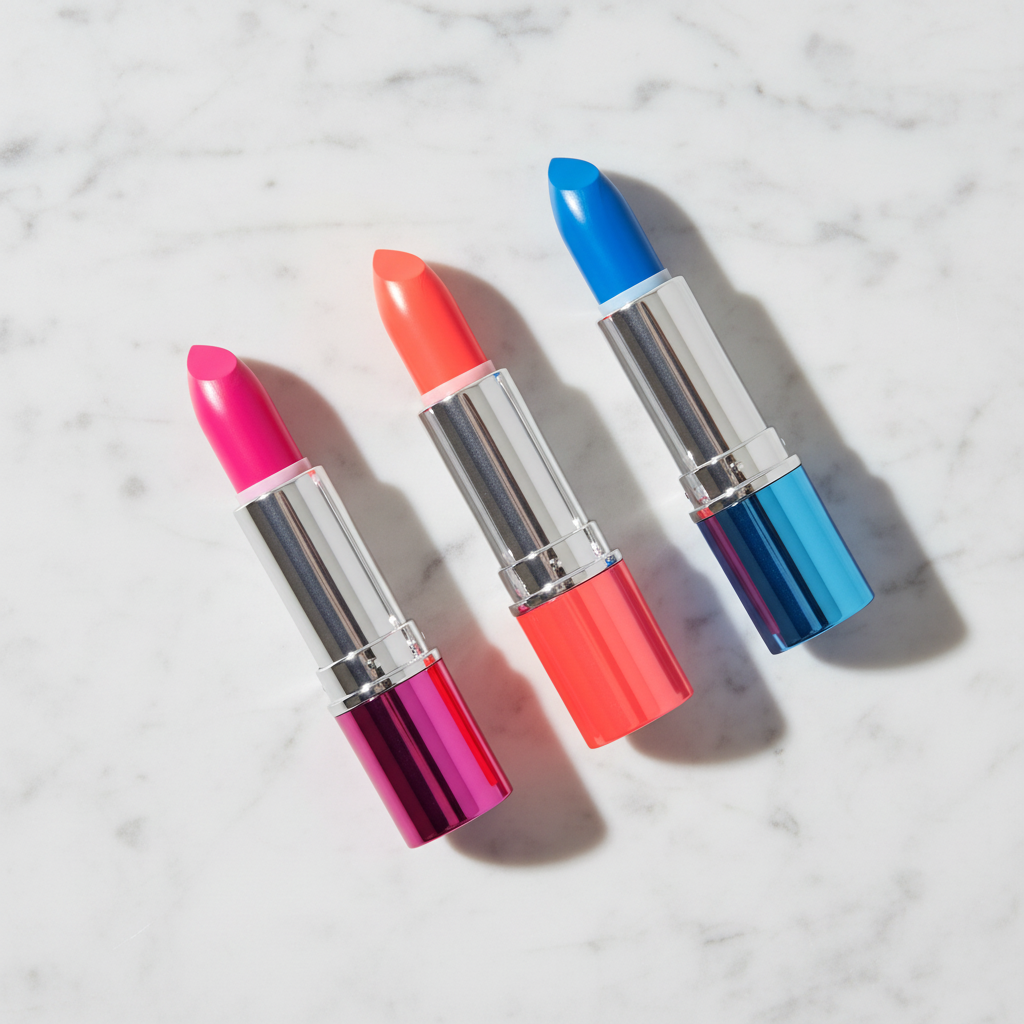 Three chrome bullet lipsticks in hot pink fuchsia, neon coral orange and electric blue arranged diagonally on marble surface