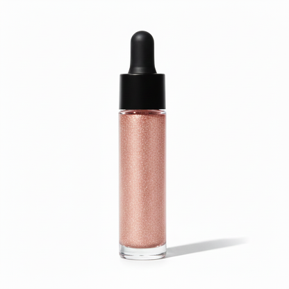 Clear glass dropper bottle filled with rose gold pink fine glitter liquid highlighter with matte black rubber cap