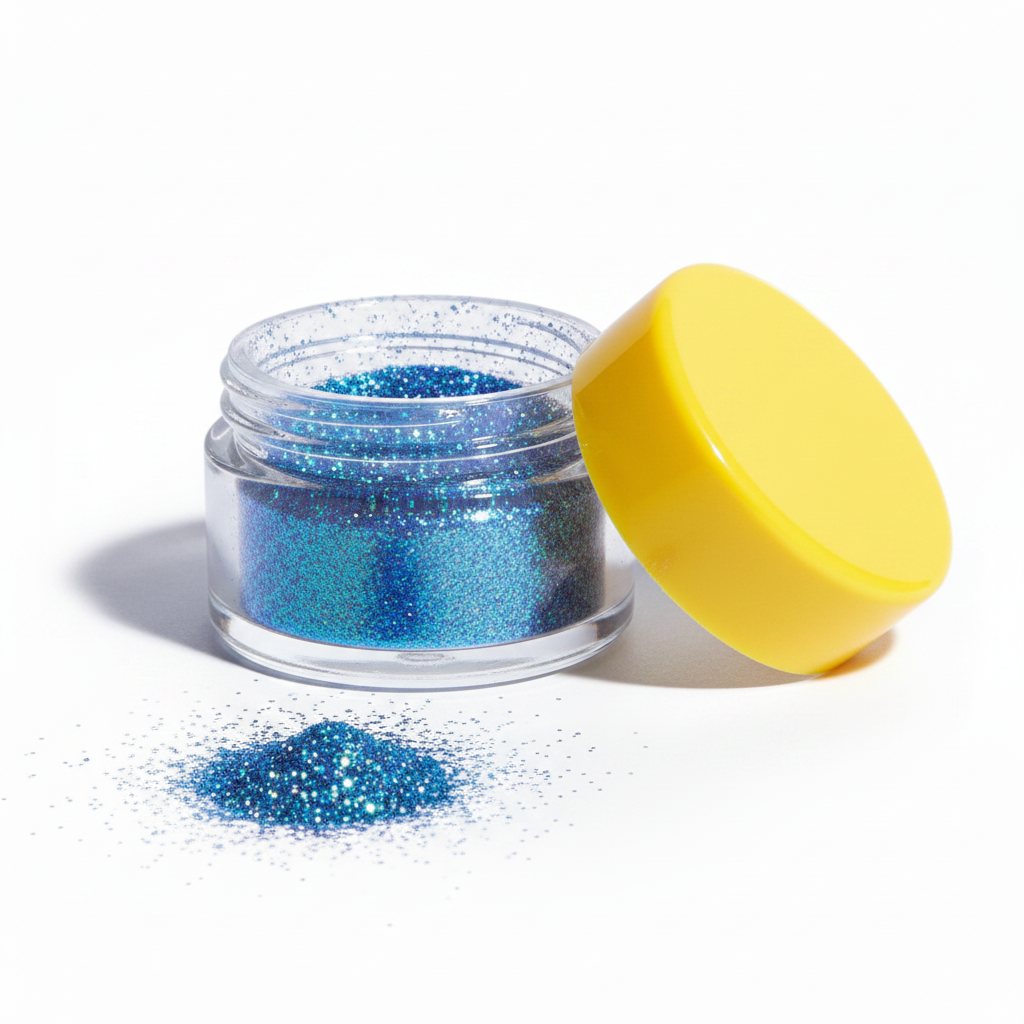 Clear glass jar with bright yellow lid filled with electric blue iridescent holographic fine glitter eyeshadow