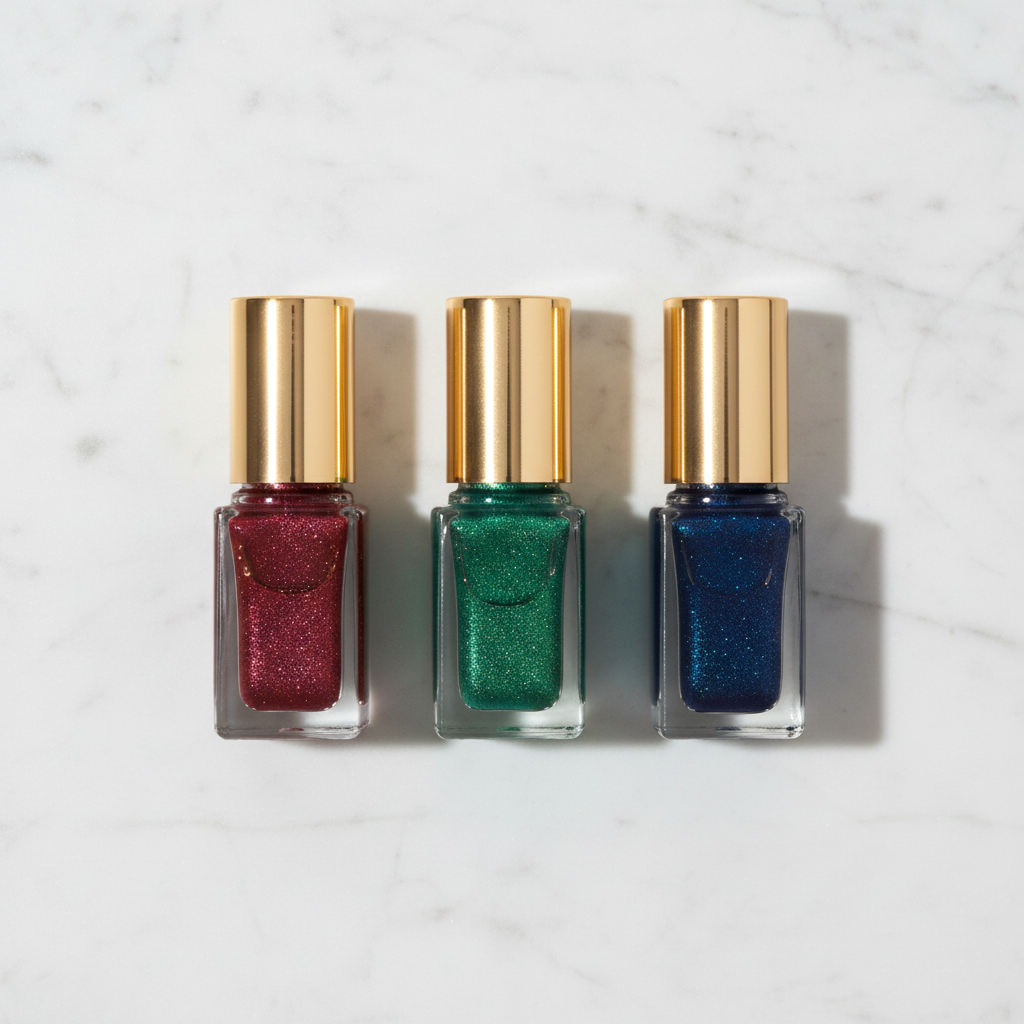Three square glass bottle liquid eyeshadows in burgundy red, emerald green and navy blue laid flat on marble surface
