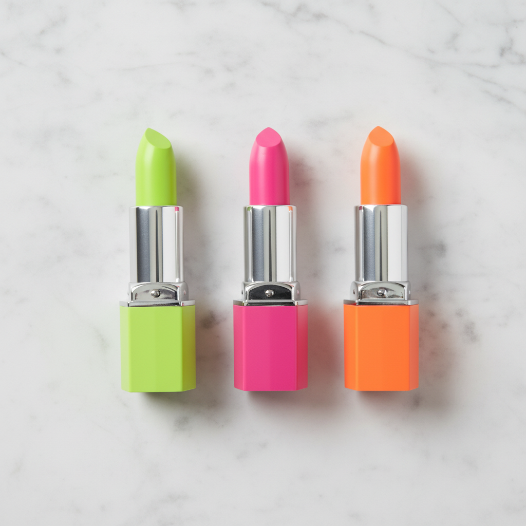 Three hexagonal matte lipsticks in neon lime green, hot pink fuchsia and neon orange arranged diagonally on marble surface
