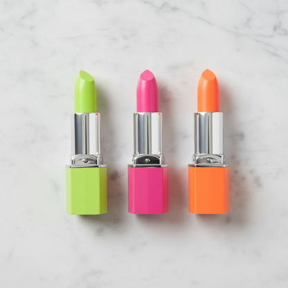 Three hexagonal matte lipsticks in neon lime green, hot pink fuchsia and neon orange arranged diagonally on marble surface