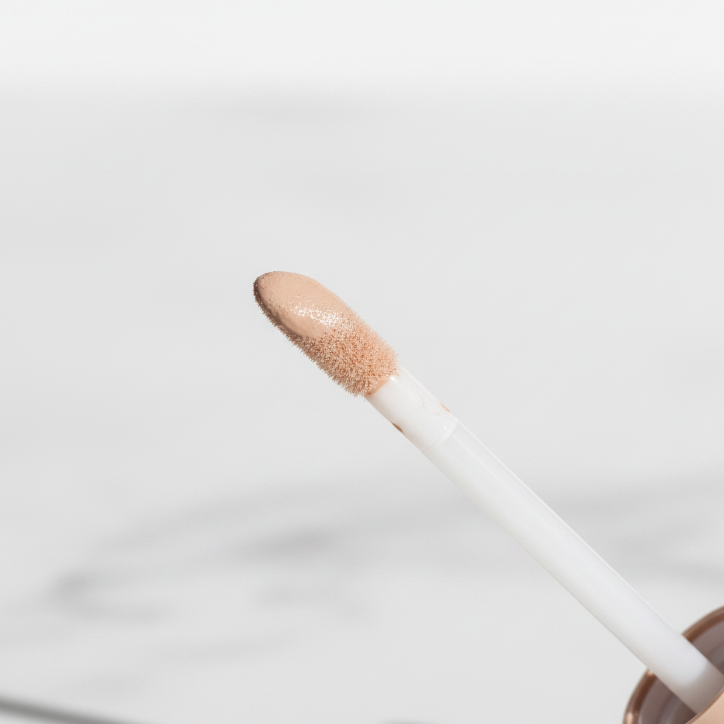 Close-up of doe-foot sponge applicator tip with nude beige concealer formula on white marble background
