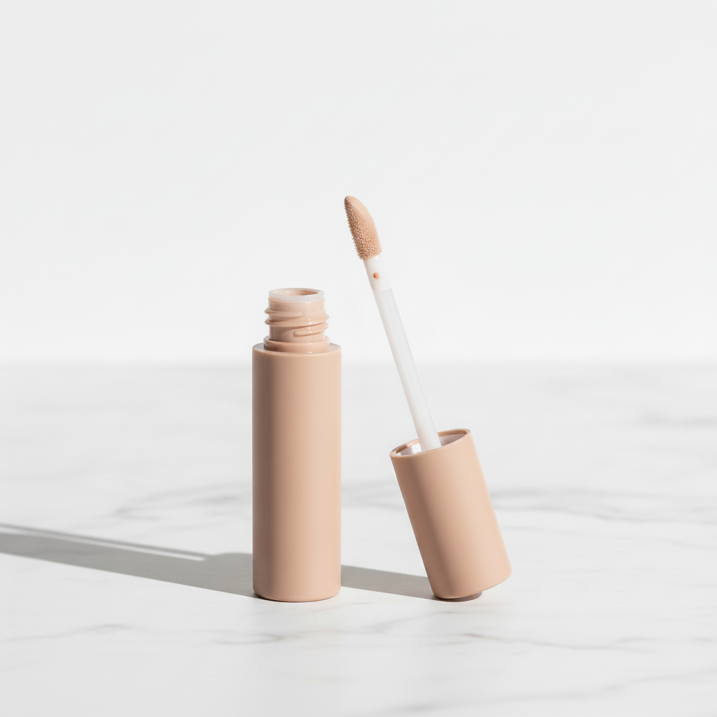 Matte nude beige cylindrical concealer tube with matching cap and doe-foot applicator shown open on marble surface