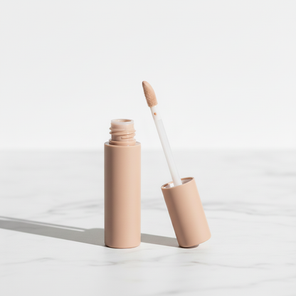 Matte nude beige cylindrical concealer tube with matching cap and doe-foot applicator shown open on marble surface