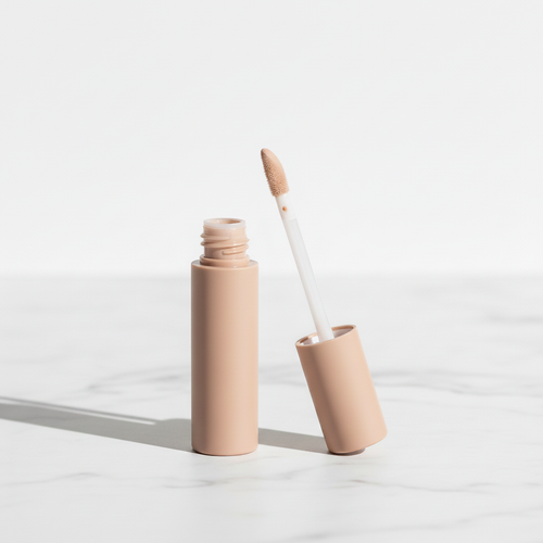 Matte nude beige cylindrical concealer tube with matching cap and doe-foot applicator shown open on marble surface