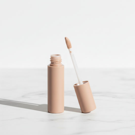Matte nude beige cylindrical concealer tube with matching cap and doe-foot applicator shown open on marble surface