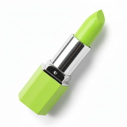Close-up of silver chrome metal connector ring with rivet detail between upper and lower neon lime green hexagonal tube sections