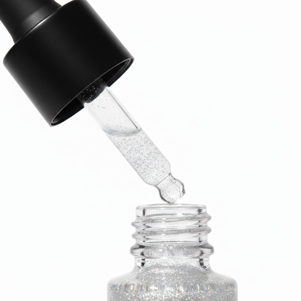 Close-up of matte black rubber dropper bulb and glass pipette tip of liquid glitter highlighter bottle