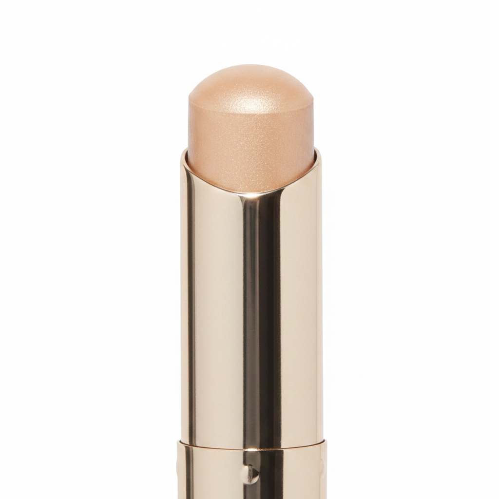 Close-up of rounded dome nude beige cream tip and twist joint detail on polished champagne gold metal concealer stick