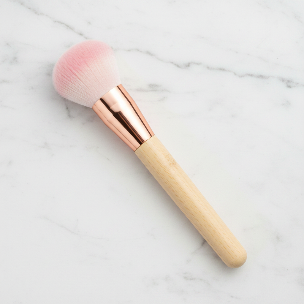 Top-down flat lay view of fluffy dome blush brush on marble surface