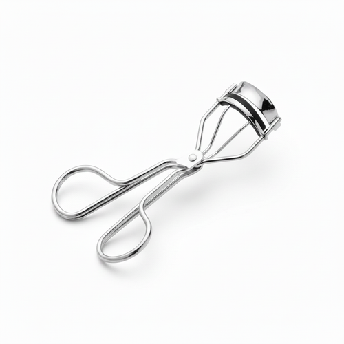 Polished silver chrome stainless steel eyelash curler with black silicone pad and double loop handles