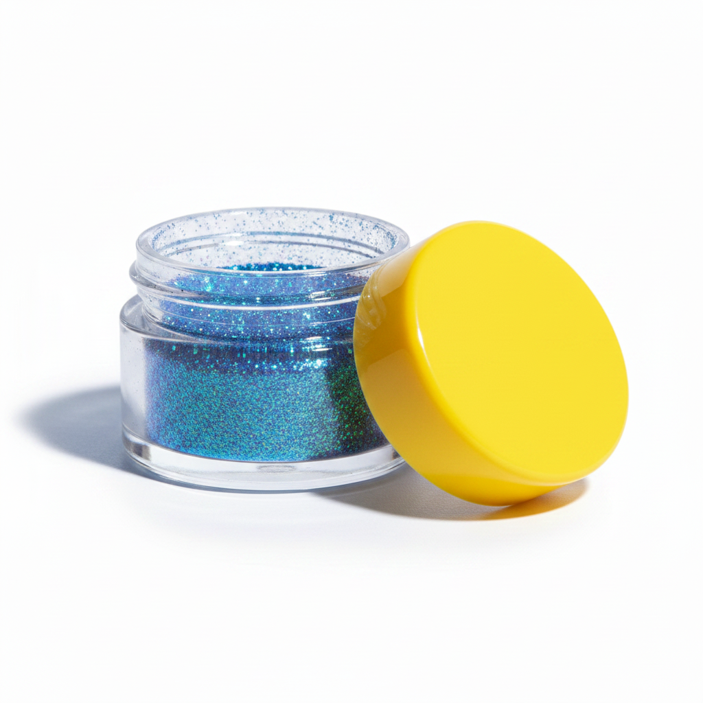 Close-up of open clear glass jar with yellow lid removed showing electric blue holographic glitter powder texture inside