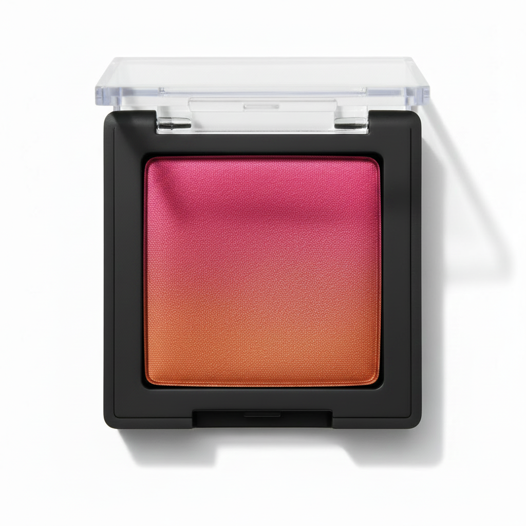 Square black compact with clear lid open showing hot pink to burnt orange duochrome gradient shimmer eyeshadow
