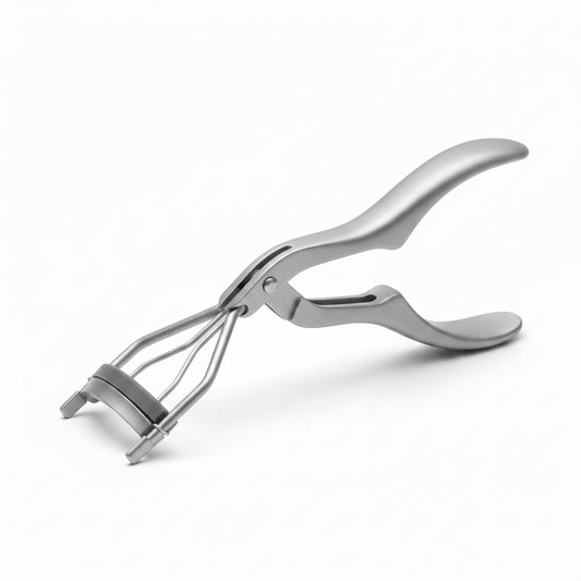 Matte silver grey ergonomic wide paddle-handle eyelash curler with triple spring wire clamp and grey silicone pad