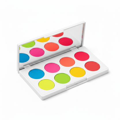 45-degree angle side view of white rectangular eyeshadow palette open showing neon matte pans and built-in mirror