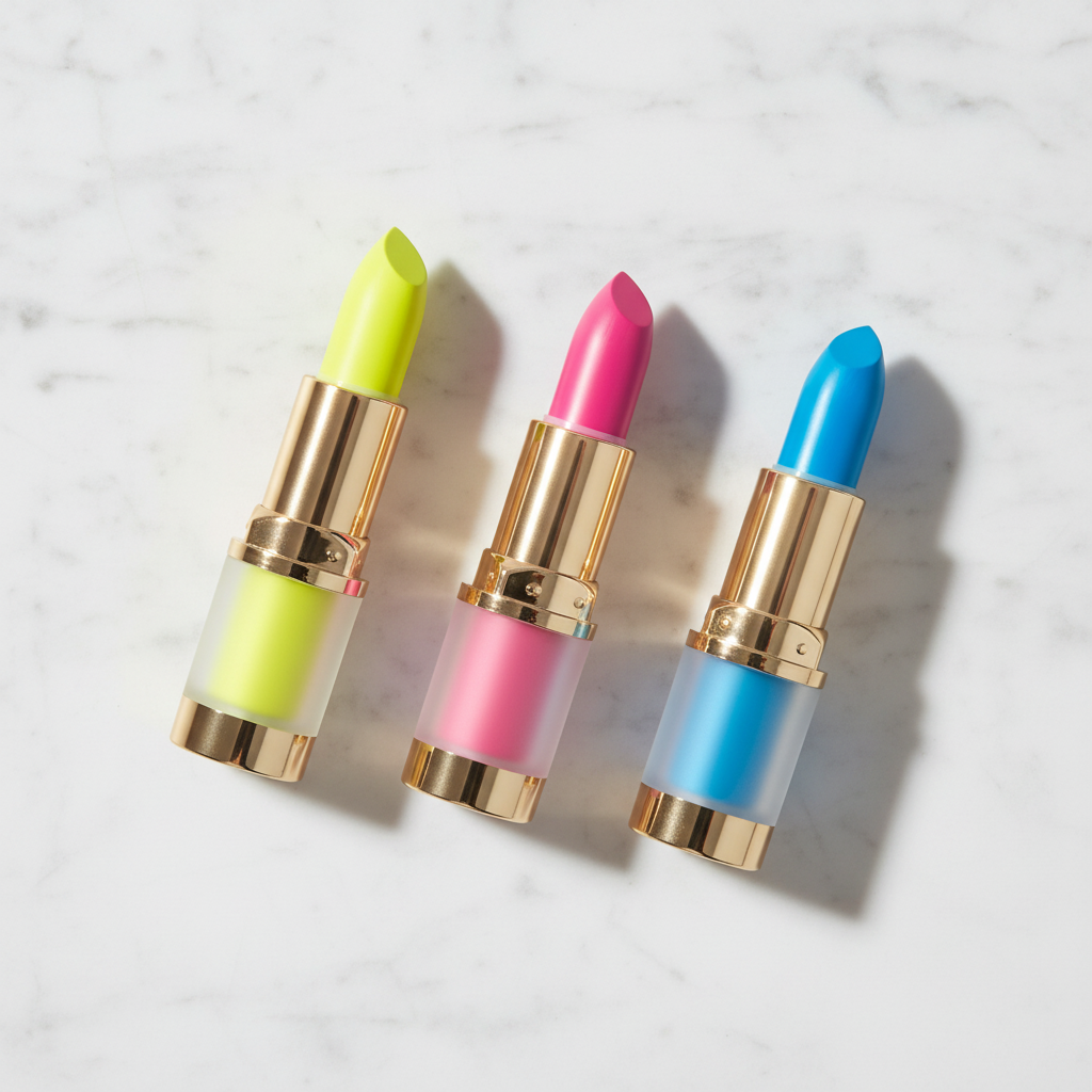 Three frosted clear tube lipsticks with gold hardware showing neon yellow-green, hot pink fuchsia and electric blue bullets arranged on marble