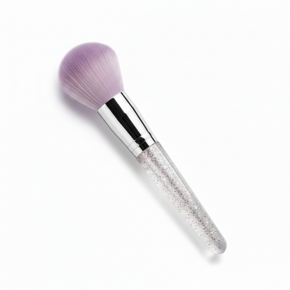 Dome powder brush with lavender purple bristles and transparent silver glitter acrylic handle
