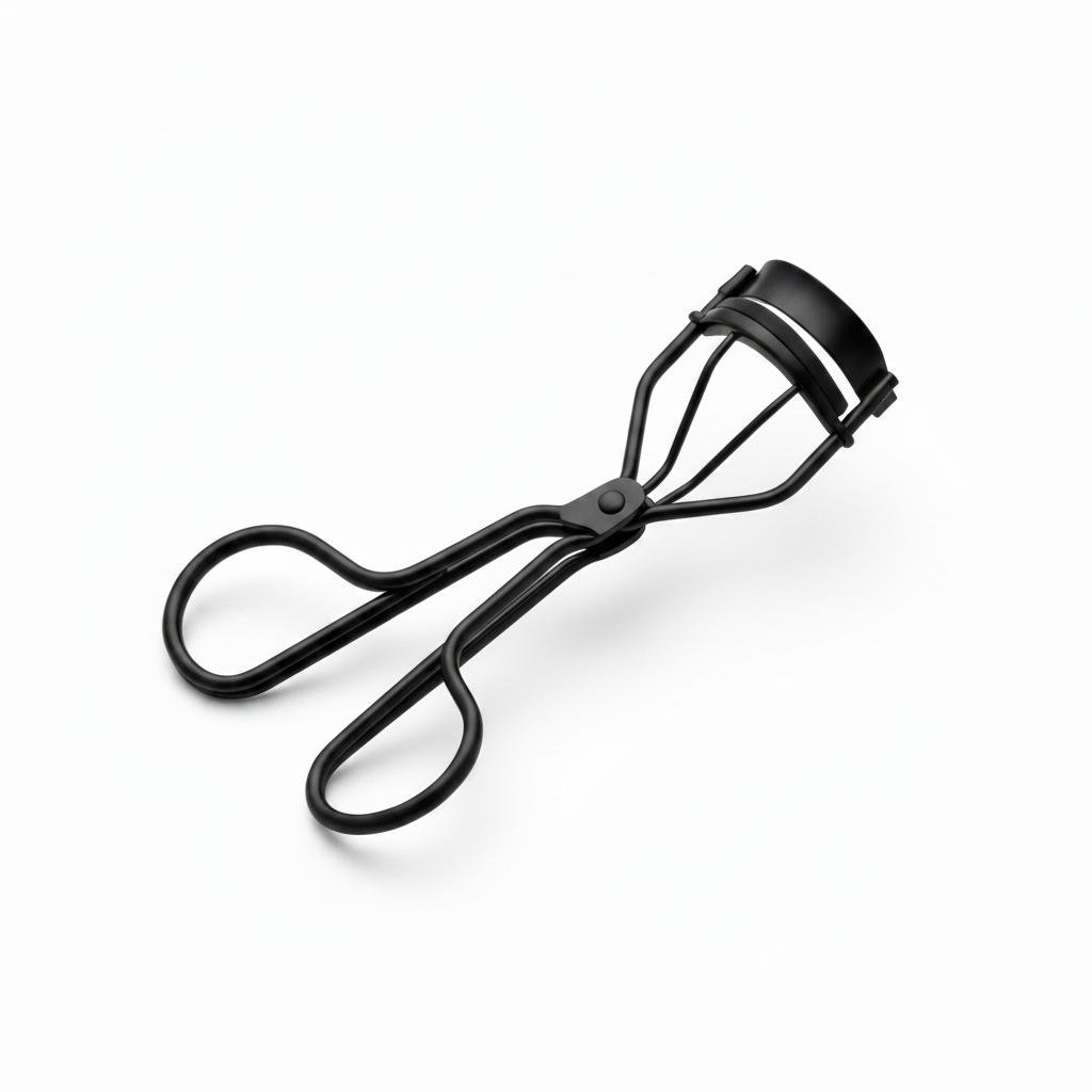 Matte black metal eyelash curler with black silicone pad and double loop handles