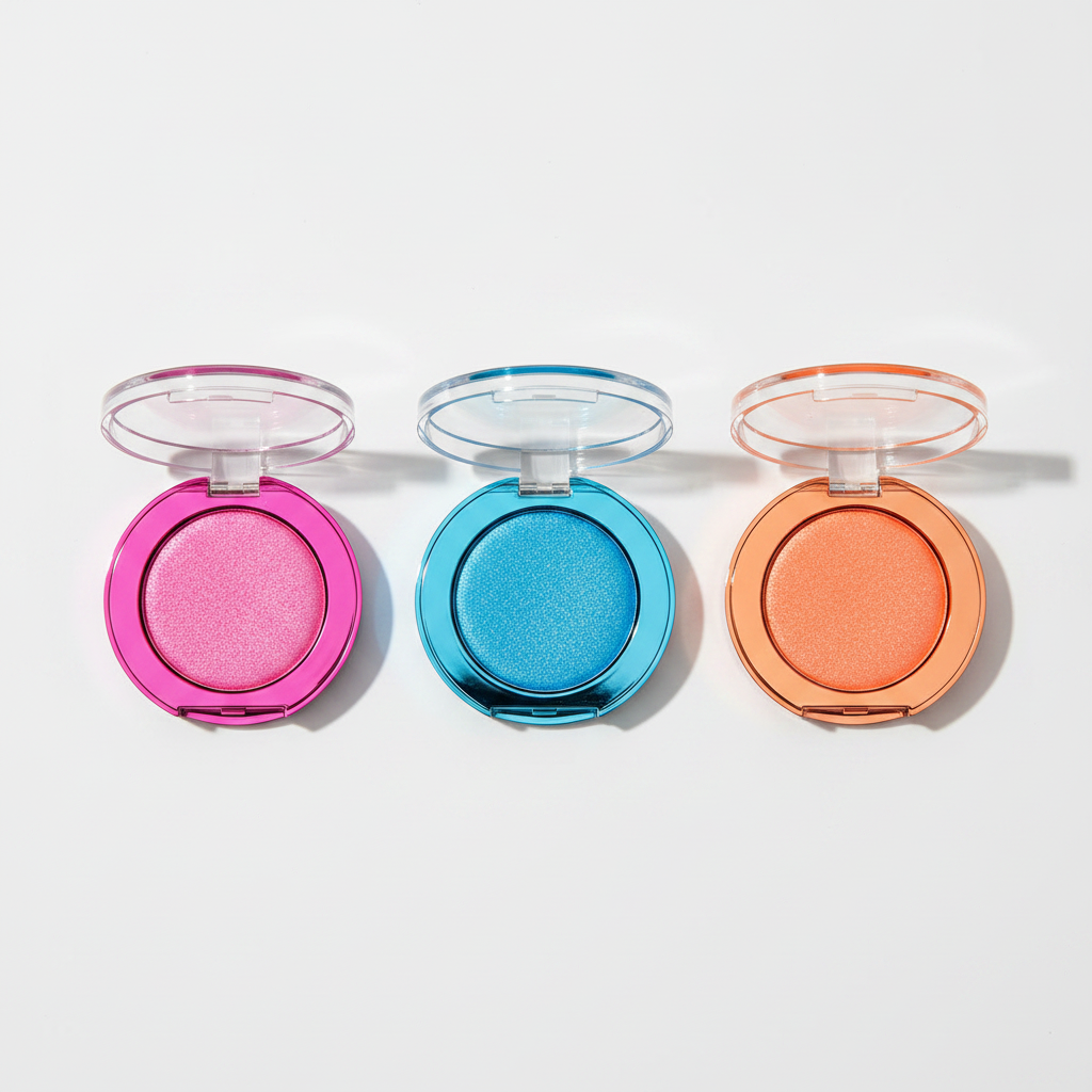 Three chrome round eyeshadow compacts in hot pink fuchsia, electric blue and neon coral orange open flat lay