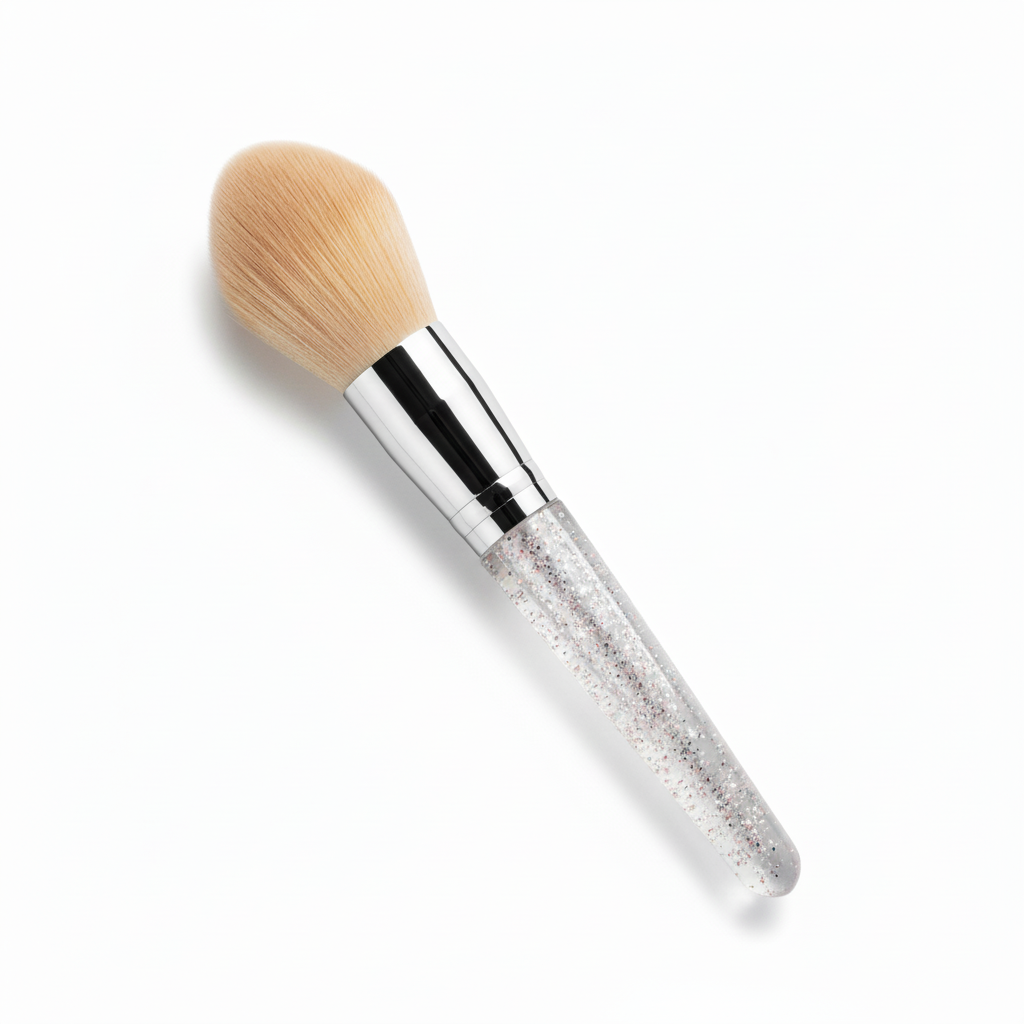 Dome powder brush with peach nude bristles and transparent silver glitter acrylic handle
