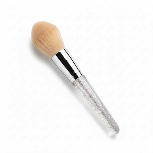 Dome powder brush with peach nude bristles and transparent silver glitter acrylic handle