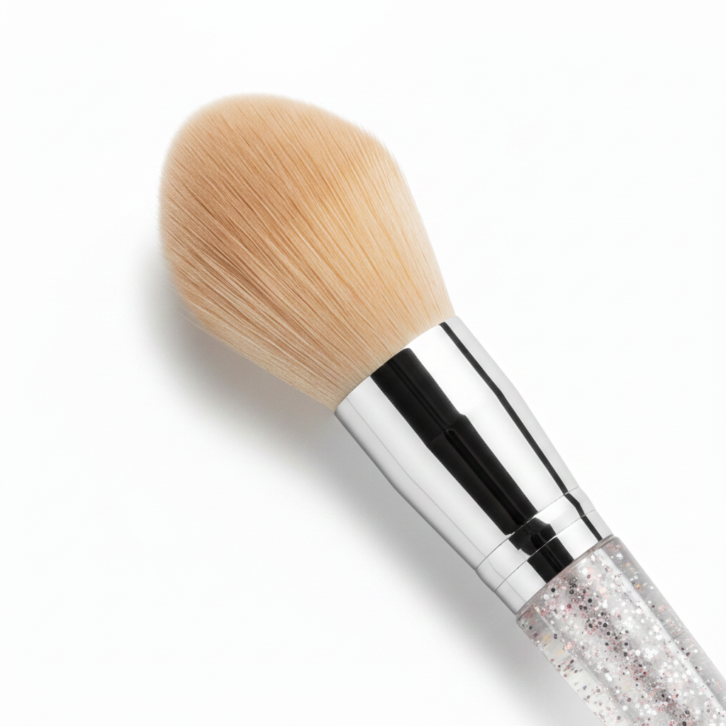 Close-up macro shot of soft dome bristles and silver chrome ferrule on crystal glitter brush
