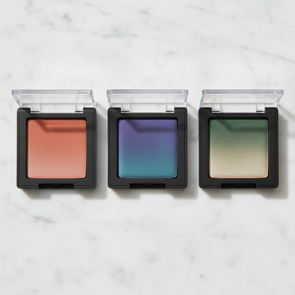 Three square black eyeshadow compacts with lids closed arranged in a row on marble surface