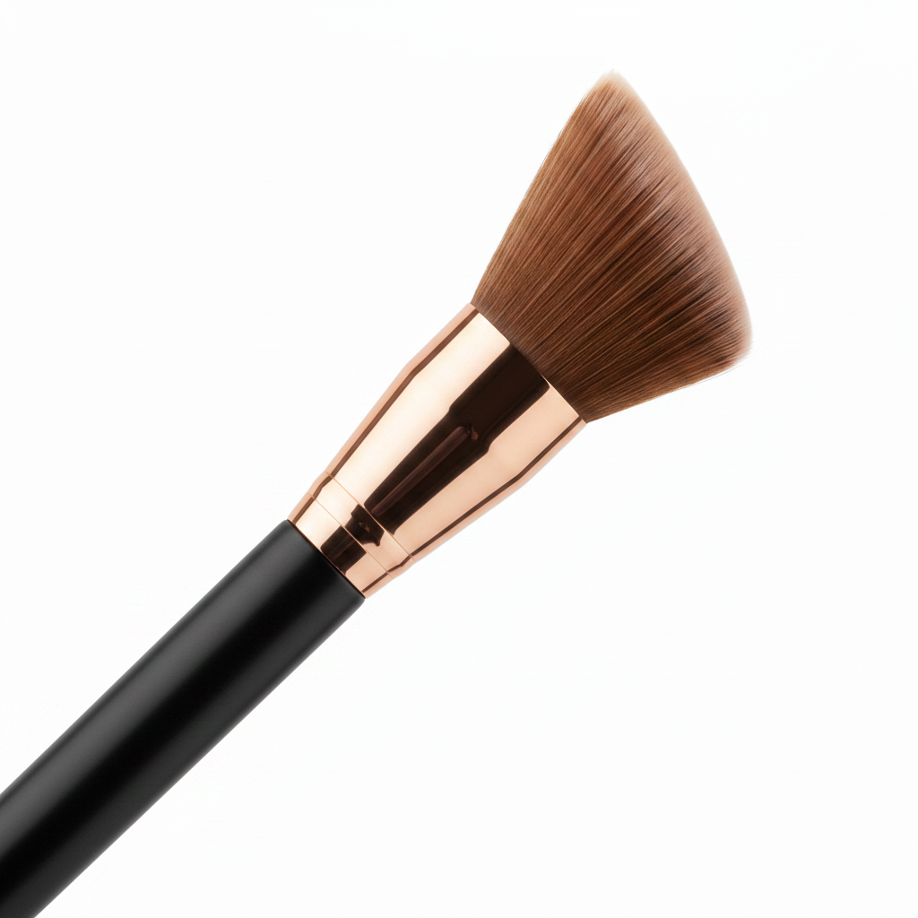 Close-up macro shot of dense angled synthetic bristles with rose gold ferrule