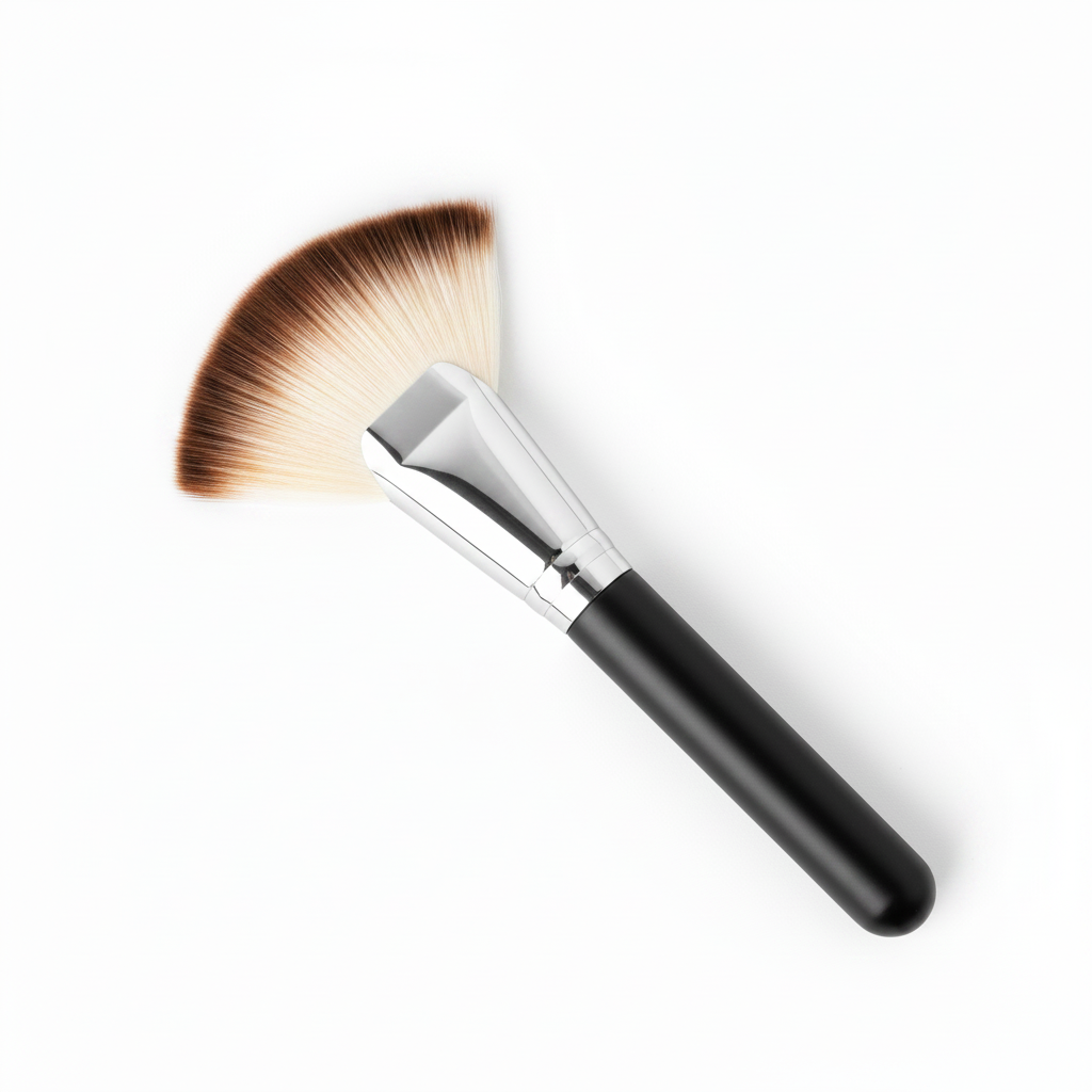 Fan blush brush with warm brown to cream ombre bristles and silver ferrule