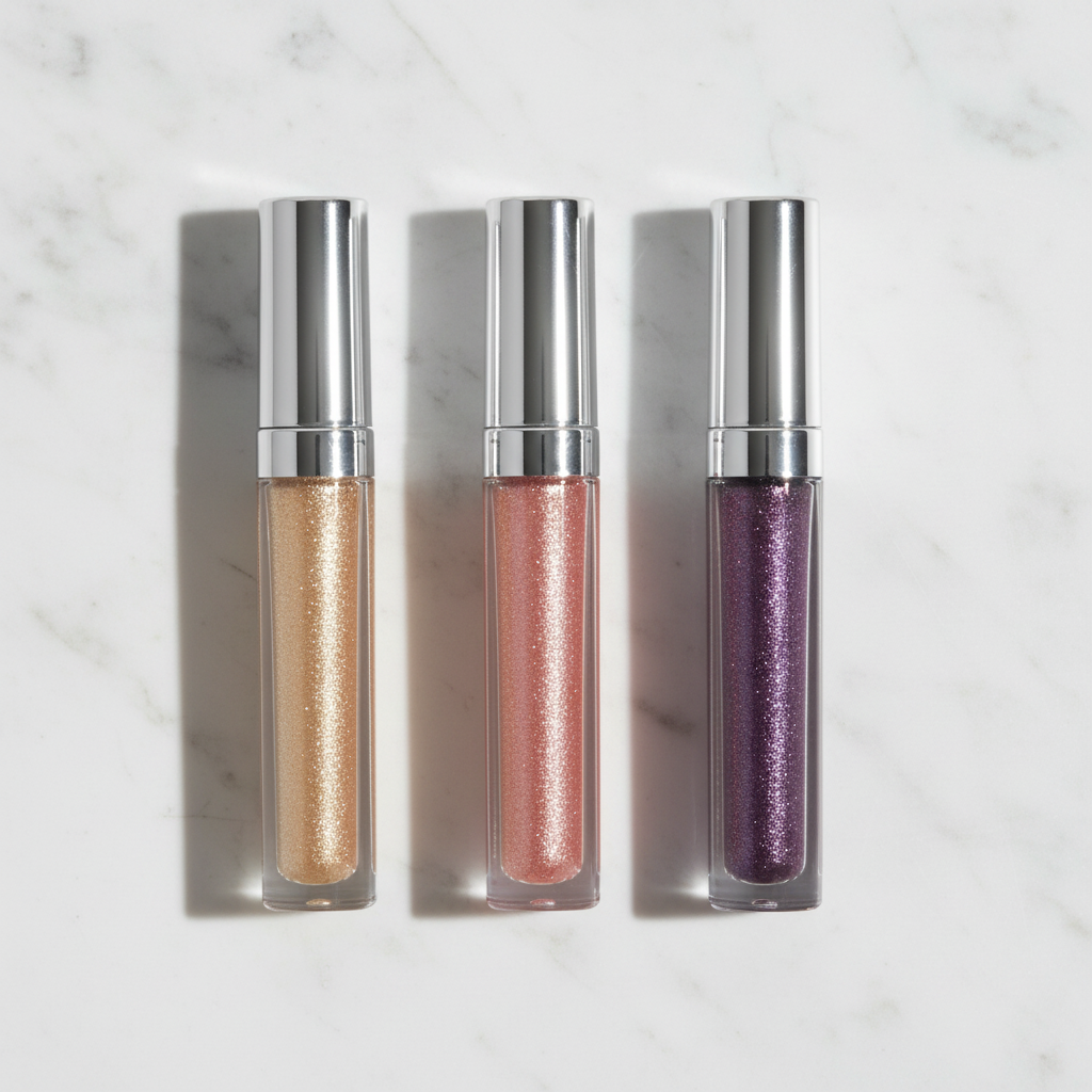 Three glitter liquid eyeshadow tubes in champagne gold, rose pink and violet purple laid flat on marble surface