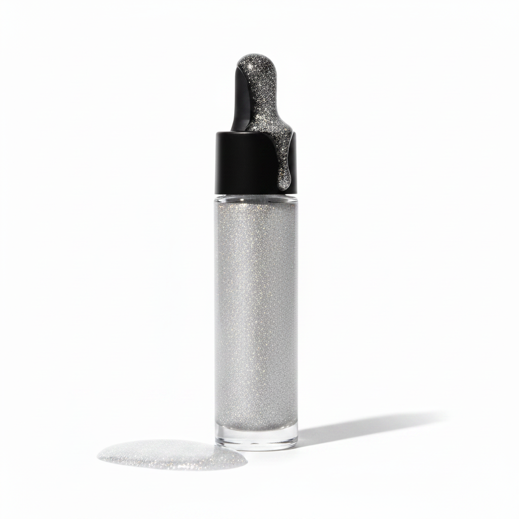Clear glass dropper bottle filled with silver white fine glitter liquid highlighter with matte black rubber cap