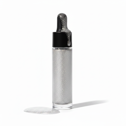 Clear glass dropper bottle filled with silver white fine glitter liquid highlighter with matte black rubber cap