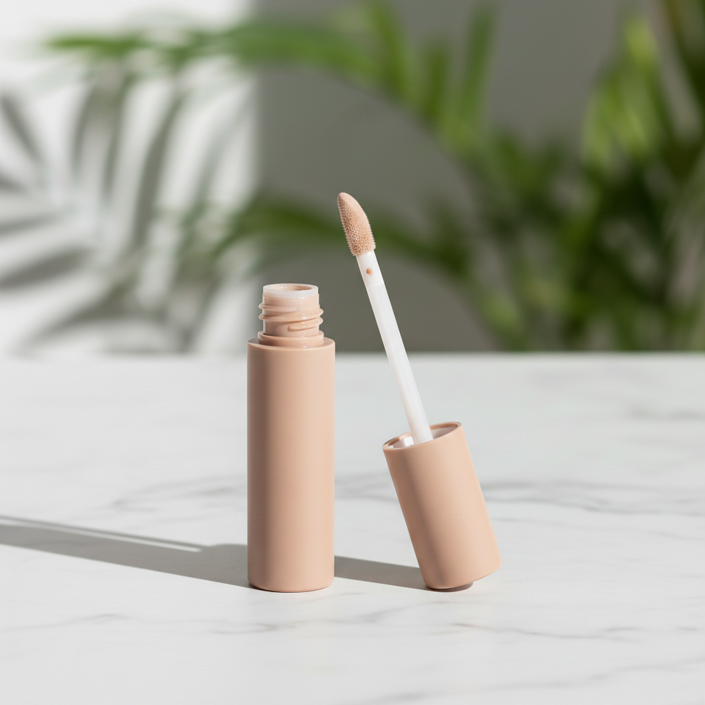 Matte warm sand tan cylindrical concealer tube with matching cap and doe-foot applicator shown open on marble surface