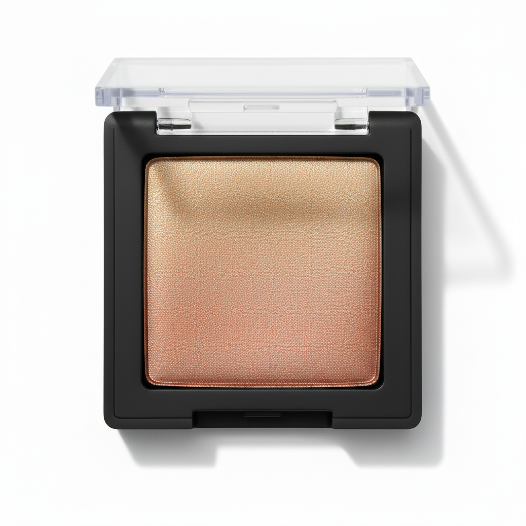 Square black compact with clear lid open showing champagne gold to rose copper duochrome gradient shimmer eyeshadow