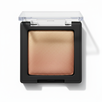 Square black compact with clear lid open showing champagne gold to rose copper duochrome gradient shimmer eyeshadow