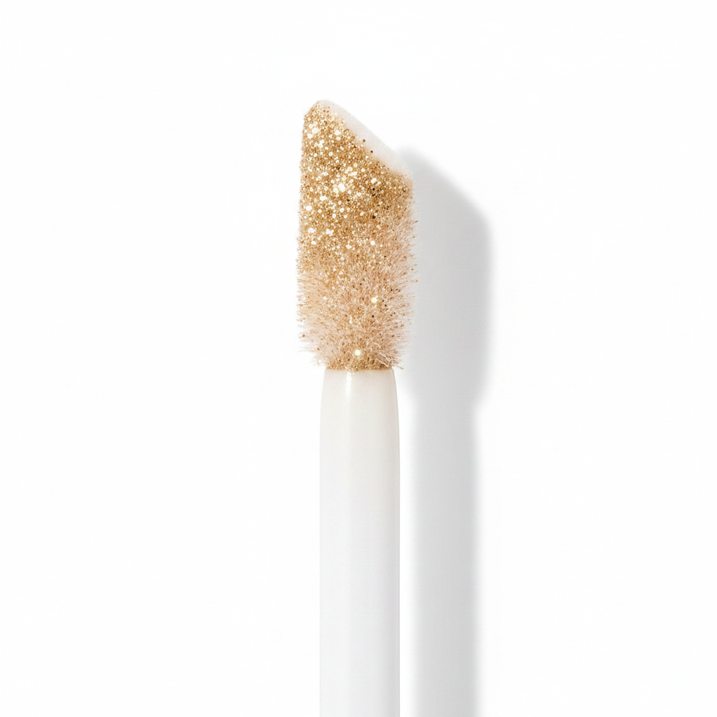 Close-up of doe-foot applicator wand tip with champagne gold glitter liquid and silver chrome ferrule