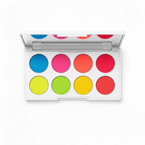8-pan neon eyeshadow palette open showing electric blue, hot pink, coral, red, yellow, lime green, bright yellow and orange red matte shades