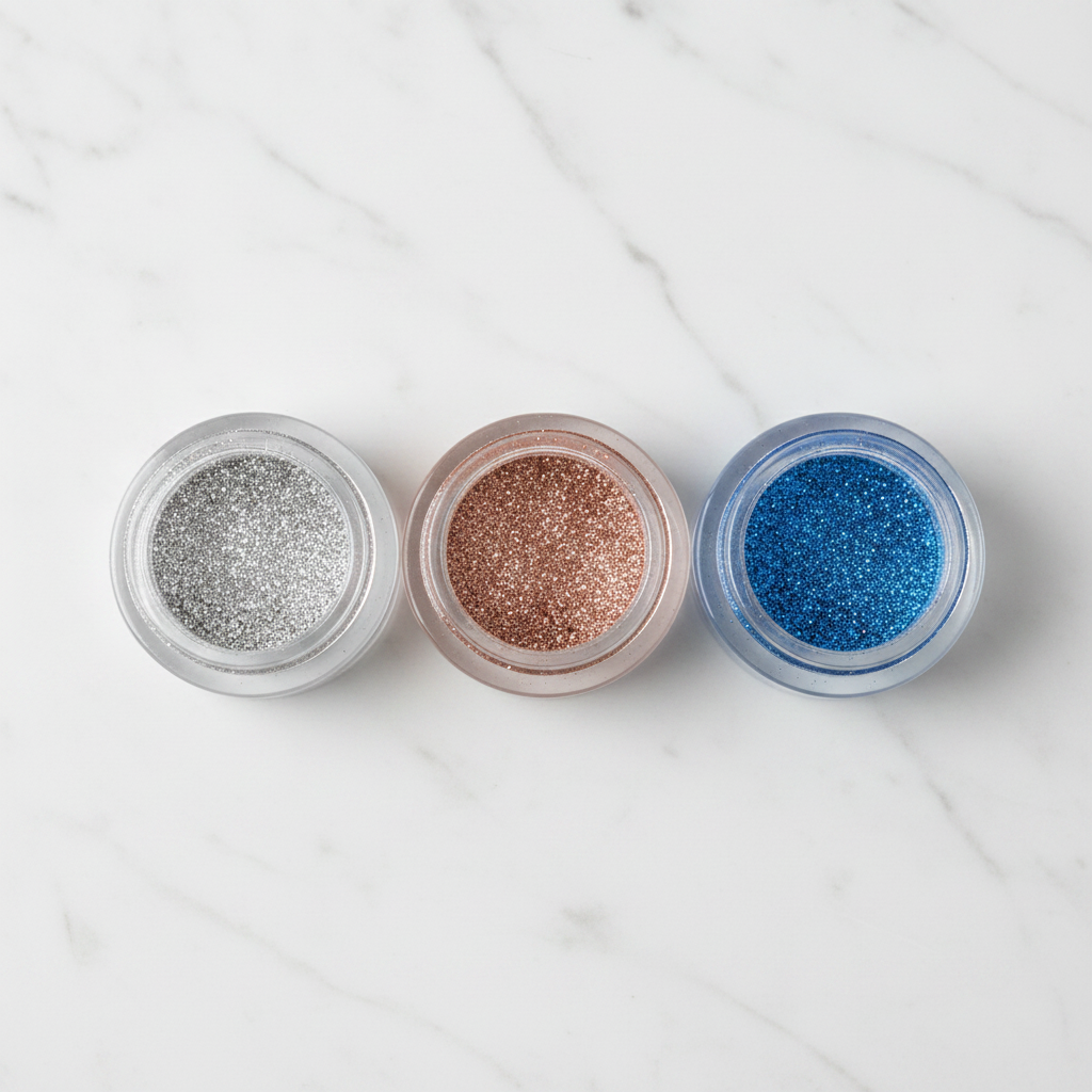 Three clear glass glitter eyeshadow jars in silver, rose gold and electric blue arranged on marble surface