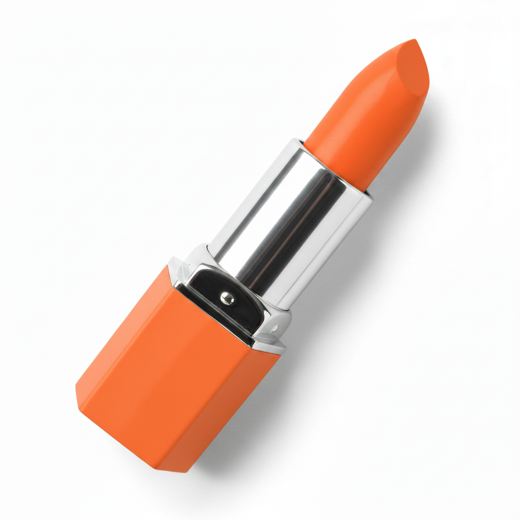 Neon orange matte hexagonal lipstick tube with silver chrome connector ring and matching orange matte bullet extended