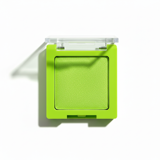 45-degree angle side view of neon lime green compact with clear flip lid open showing shimmer powder and hinge detail
