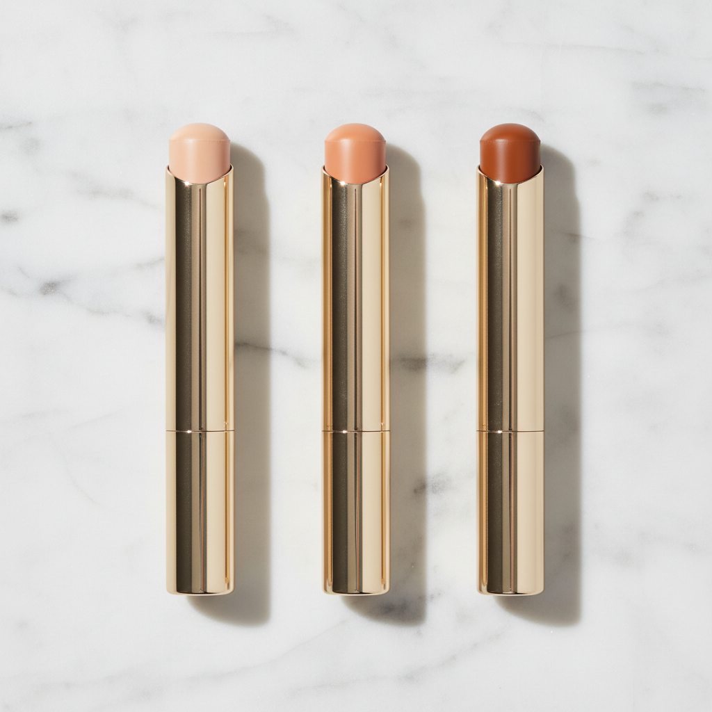 Three polished gold concealer sticks with nude beige, warm peach and caramel brown tips laid flat on marble surface