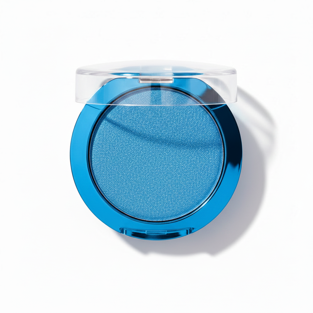 Chrome blue round compact with clear flip lid open showing electric blue pearl shimmer eyeshadow powder