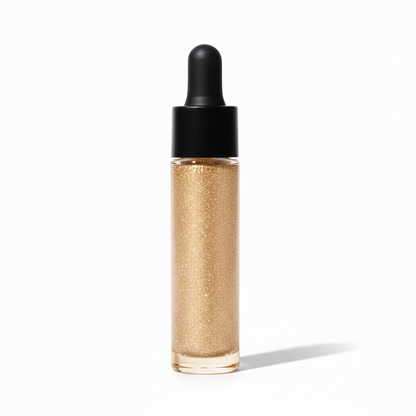 Clear glass dropper bottle filled with champagne gold fine glitter liquid highlighter with matte black rubber cap
