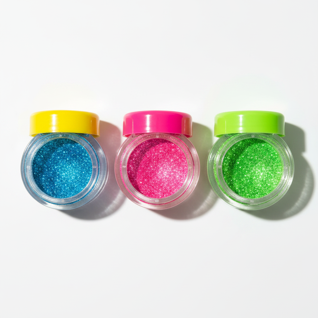 Three glitter eyeshadow jars with yellow, pink and green lids containing electric blue, neon pink and lime green glitter
