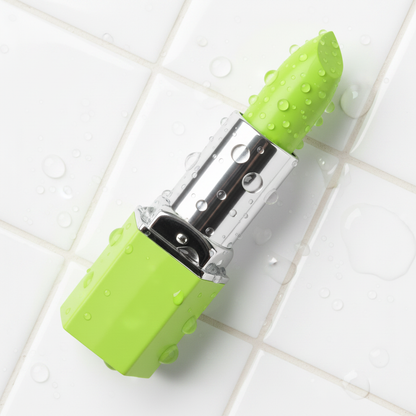 Neon lime green matte hexagonal lipstick tube with silver chrome connector ring and matching lime green matte bullet extended