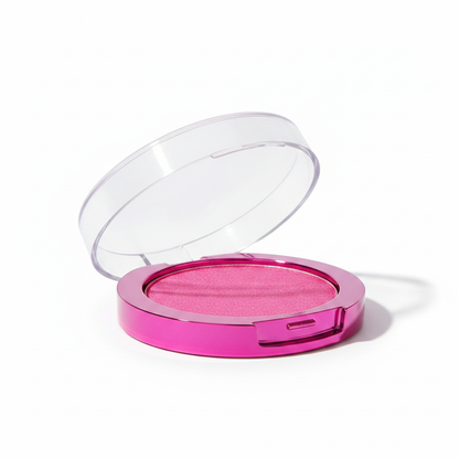 45-degree angle side view of chrome fuchsia round compact with clear flip lid open showing pink shimmer powder and chrome frame profile